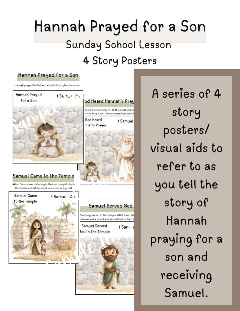 May include: A set of four story posters for a Sunday School lesson titled "Hannah Prayed for a Son." The posters feature illustrations and text, designed as visual aids for teaching the story of Hannah and Samuel.