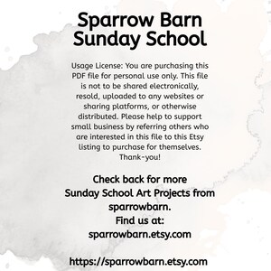 May include: White background with the text "Sparrow Barn Sunday School" in a bold, black font. Additional text includes usage license details, a call to check back for more projects, and the Etsy shop URL: sparrowbarn.etsy.com.