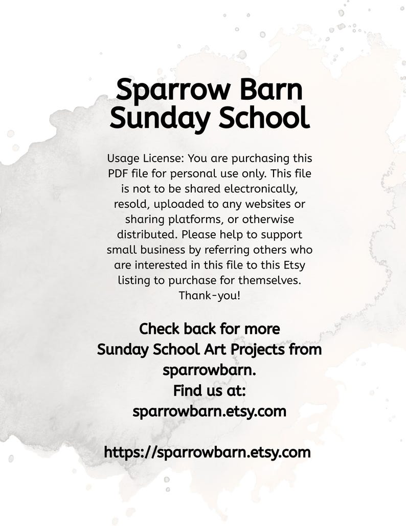 May include: White background with the text "Sparrow Barn Sunday School" in a bold, black font. Additional text includes usage license details, a call to check back for more projects, and the Etsy shop URL: sparrowbarn.etsy.com.