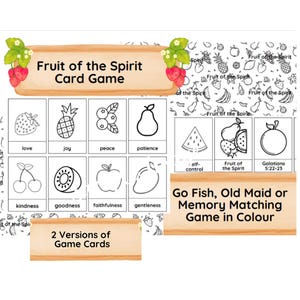 3 juegos - Tarjetas didácticas del Fruto del Espíritu - 2 versiones - Juego de memoria - ¡Pesca! - Solterona - Escuela Dominical Gálatas 5 versículos del Nuevo Testamento