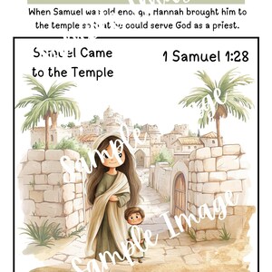 May include: Watercolor illustration titled "Samuel Came to the Temple." The image depicts a woman and a young boy walking on a stone path towards a city. The text "Samuel Came to the Temple" and "1 Samuel 1:28" are displayed.