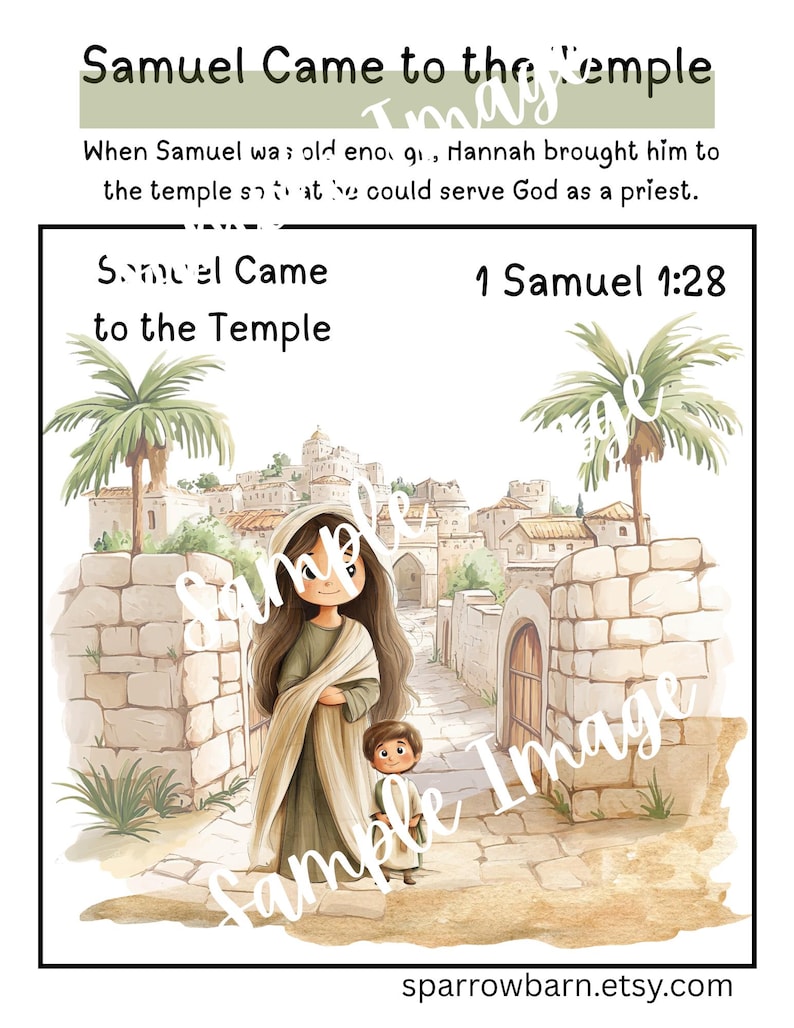 May include: Watercolor illustration titled "Samuel Came to the Temple." The image depicts a woman and a young boy walking on a stone path towards a city. The text "Samuel Came to the Temple" and "1 Samuel 1:28" are displayed.