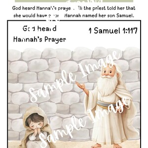 May include: Illustration depicting a scene from the Bible with the text "God Heard Hannah's Prayer." It shows a child praying, a man in white robes, and a stone wall background. The text "1 Samuel 1:117" is also present.