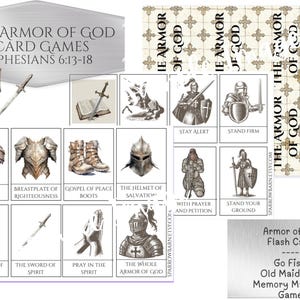 3 Juegos - Tarjetas de la Armadura de Dios - Efesios 6:13-18 - ¡Ve a pescar! - Solterona - Juego de memoria - Versículos del Nuevo Testamento para la escuela dominical