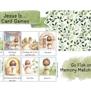 2 juegos - Tarjetas didácticas "Jesús es..." - Declaraciones "Yo soy" - Emparejamiento de memoria - ¡Pesca! - Juegos y actividades de la escuela dominical - Lecciones del Nuevo Testamento