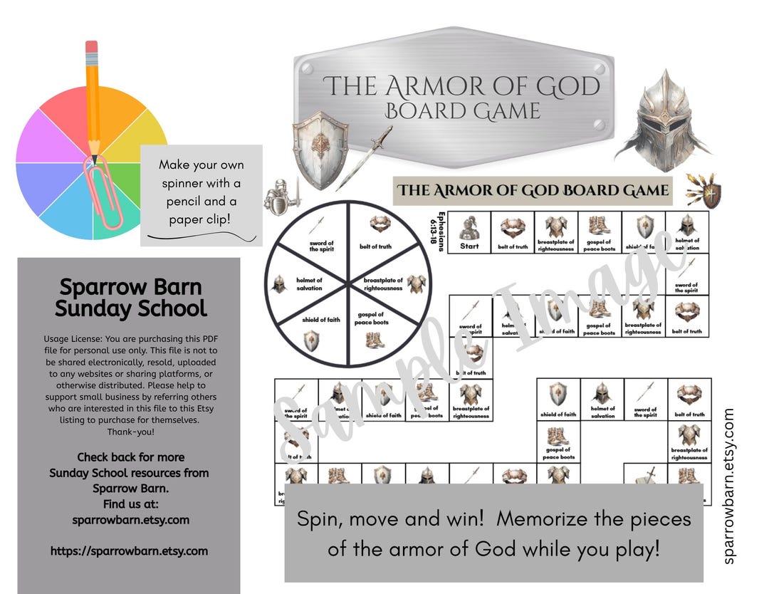 Armor of God Board Game - Spinner Game - Sunday School Board Game Centers Activity - New ...