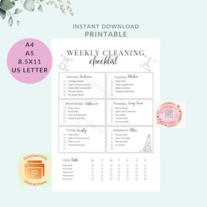 Printable Weekly Cleaning Checklist: Home Organization Chore Chart (Digital Download)