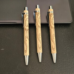 Set of 3 Artisan Full Wrap Design Octopus Laser Engraved Bamboo Pens – Kraken Nautical Stationery Gift Full Wrap Design