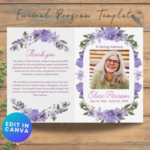 Program pogrzebowy Canva dla kobiety | Szablon edytowalny | Program pamiątkowy | Program nekrologu | Pobieranie cyfrowe | Fioletowy kwiatowy