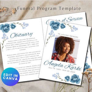 Editable Funeral Program for Woman | Canva Template | Memorial Program | Obituary Program | Digital Download | Blue Floral