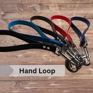 May include: Four dog leashes in different colors: black, blue, red, and navy blue. Each leash has a silver metal clip and a hand loop. The leashes are arranged on a wooden surface with the text "Hand Loop" visible.