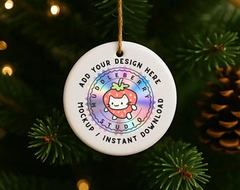 Christmas Ornament Mockup: White Ceramic Round 2.8" (JPG Digital Download)