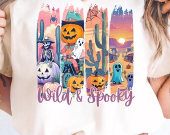 PNG de Halloween espeluznante del Oeste: Diseño retro de fantasma, calabaza y cactus (descarga digital)