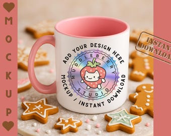 Maqueta de taza de café • Detalles rosas, galletas de jengibre navideñas (descarga digital JPG)
