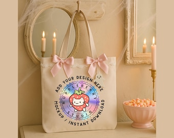 Coquette Ghost Tote Bag Mockup: Pastel Halloween Decor (JPG File)