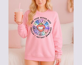 Pink Gildan 18000 Crewneck Mockup: AI-Generated JPG (Digital Download)