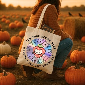 May include: A cream tote bag featuring a strawberry cat design and the text "ADD YOUR DESIGN HERE MUDDLEBERRY STUDIO MOCKUP / INSTANT DOWNLOAD". The bag is in a pumpkin patch with pumpkins and hay bales.