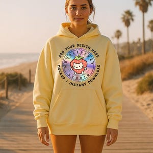 Yellow Hoodie Mockup Summer Vibe, Pastel Mock, Sweatshirt Mockup, Oversized Hoodie Mock up, Hooded Sweatshirt Mockup, Lifestyle Mockup Beach