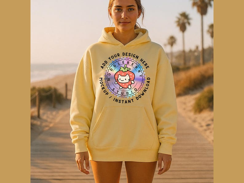 Yellow Hoodie Mockup Summer Vibe, Pastel Mock, Sweatshirt Mockup, Oversized Hoodie Mock up, Hooded Sweatshirt Mockup, Lifestyle Mockup Beach
