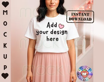 Maqueta navideña rosa / Foto de stock de camiseta blanca extragrande / Maqueta en tonos pastel / Descarga digital JPG