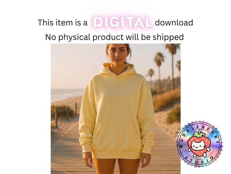 May include: A person wearing a pale yellow hoodie with a front pocket, standing on a wooden boardwalk. The text "DIGITAL download" is above the person. The image is set against a beach backdrop with palm trees.
