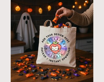 Halloween Tote Bag Mockup: Candy & Ghosts Scene (JPG Digital Download 4000x4000px)