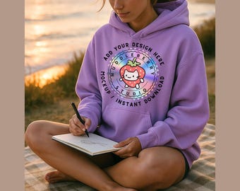 Purple Hoodie Mockup: Ocean Sunset, Summer Vibes (JPG Digital Download)