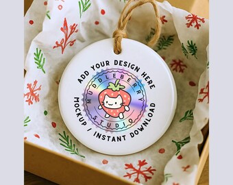 Gift Wrapped Ornament Mockup: White Ceramic, Round (JPG File, Digital Download)