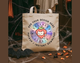 Halloween Tote Bag Mockup: Candy Corn & Cobweb Design (JPG File)
