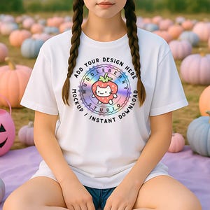 May include: White t-shirt featuring a strawberry cat graphic and the text "ADD YOUR DESIGN HERE MOCKUP / INSTANT DOWNLOAD". This t-shirt is a mockup design, ideal for displaying artwork or designs.
