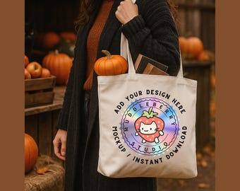 Fall Tote Bag Mockup: Pumpkins & Book, Natural Canvas (JPG File)