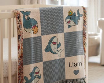 Manta de bebé de tiburón personalizada, decoración náutica para guardería, regalo para baby shower, manta de tiburón vintage para niños