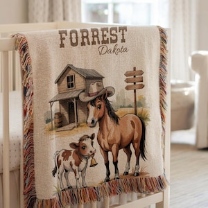 Gepersonaliseerde cowboy babydeken western kraamcadeau cowboy kinderkamer jongens deken pasgeboren naam deken geweven deken paard babynaam