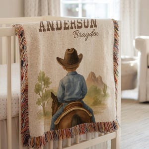 Gepersonaliseerde cowboy babydeken aangepaste westerse kinderkamer decor baby aandenken cowboy geweven deken cowboy babyshower cadeau westerse deken
