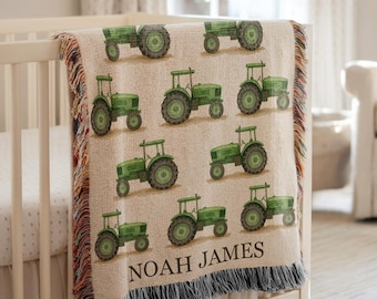 Personalized Tractor Blanket for Boys Vintage Farm Baby Name Blanket with Tractor Pattern, Toddler Boy Farm Gift, Farm Baby Blanket