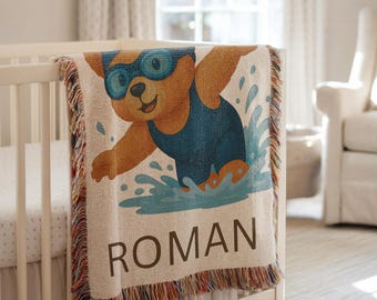 Personalized Swimming Teddy Bear Blanket, Woven Nursery Decor