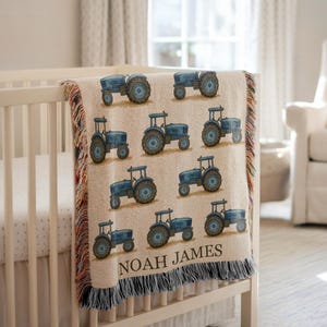 Personalized Vintage Tractor Blanket, Blue Tractor Pattern Nursery Baby Shower Gift Tractor Baby Throw, Tractor Theme Birthday Gift for Boys