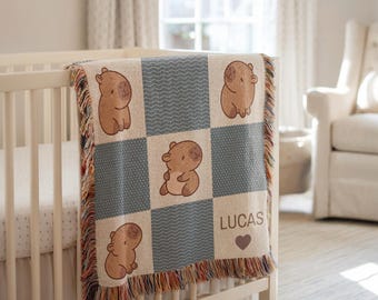 Personalized Capybara Blanket Woven Newborn Name Blanket Capybara Nursery Baby Shower Capybara Gift  Heirloom Blanket Capybara Baby Blanket