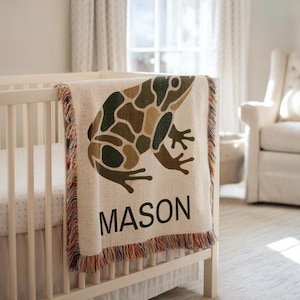 Personalized Camo Frog Blanket Frog Gift for Frog Lover Gift Boy Baby Newborn Name Blanket Frog Woven Blanket Heirloom Blanket Frog Tapestry