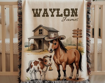 Manta personalizada para bebê com tema de cowboy do oeste americano, ideal para chá de bebê com tema country, decoração de quarto de bebê com tema de cavalo no oeste americano e estilo rancho.