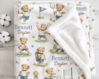 Personalized Badminton Baby Blanket, Badminton Player Nursery Gift for Baby Boy, Racket Sport Newborn Keepsake, Sports Baby Shower Present