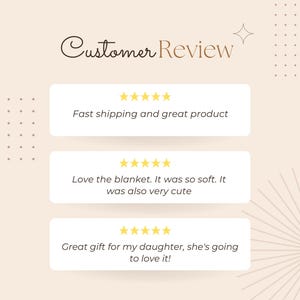 K&ouml;nnte beinhalten: Grafik mit Kundenbewertungen auf hellbeigem Hintergrund. Der Text "Customer Review" ist in Schreibschrift gehalten. Drei wei&szlig;e Rechtecke zeigen Kundenfeedback mit F&uuml;nf-Sterne-Bewertungen. Die Bewertungen erw&auml;hnen eine Decke und ein Geschenk.
