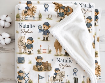 Personalized Horse Baby Blanket Newborn Girl Equestrian Gift Horse Nursery Show Jumping Horse Baby Shower Present, Horse Rider Toddler Gift