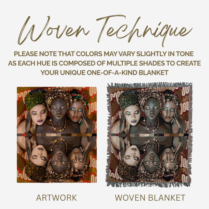 May include: Image comparing artwork and a woven blanket. The artwork features three women with head wraps and jewelry, reflected below. The woven blanket version is on the right. Text at the top reads "Woven Technique".