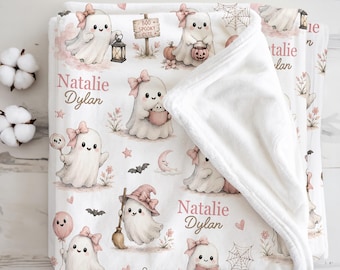 Personalized Pink Ghost Baby Blanket Newborn Girl Pink Bow Ghost Halloween Gift for Baby Girl First Halloween Keepsake Pastel Spooky Nursery