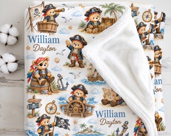 Manta personalizada de osito de peluche pirata para bebé, regalo de barco pirata para la habitación del bebé niño, manta pirata con nombre personalizado, regalo náutico para baby shower