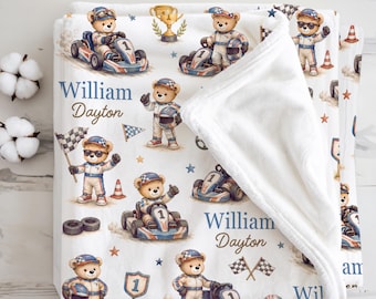 Personalized Go Kart Baby Blanket, Kart Racing Nursery Gift for Baby Boy, Motorsport Newborn Keepsake, Racing Baby Shower Present