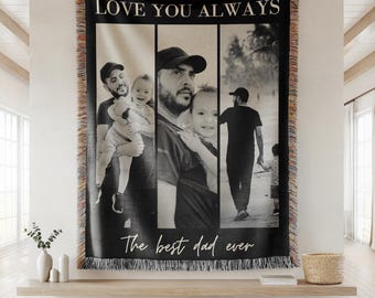 Personalized Photo Blanket for Dad, Custom Picture Collage Blanket Memorial Gift Step Dad Fathers Day Gift From Daughter, Bonus Dad Gifts