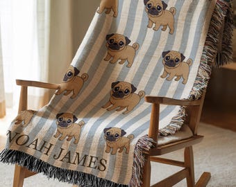 Personalized Pug Dog Baby Blanket Blue Striped Pug Lover Gift Custom Name Dog Blanket Gift For Him, Custom Pug Gift, Cute Pug Dog Blanket