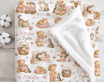 Personalized Cat Baby Blanket, Pink Kitten Nursery Gift for Baby Girl, Little Cat Lover Baby Shower Present, Newborn Name Keepsake